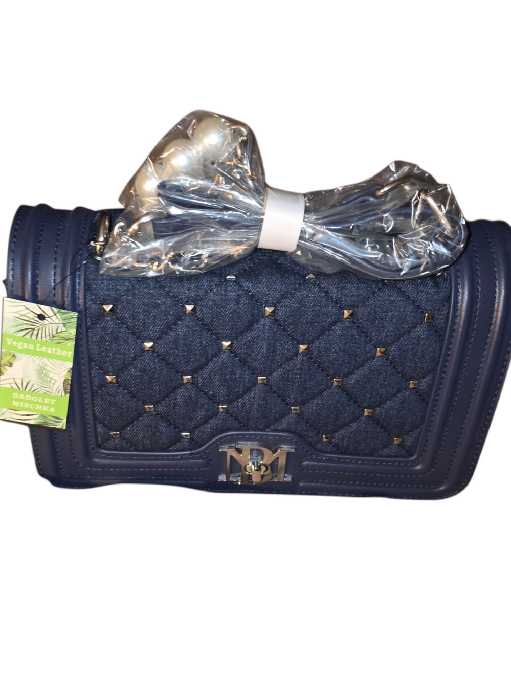 Brand New - Badgley Mischka Navy Quilted Denim and Vegan Leather Shoulder Bag